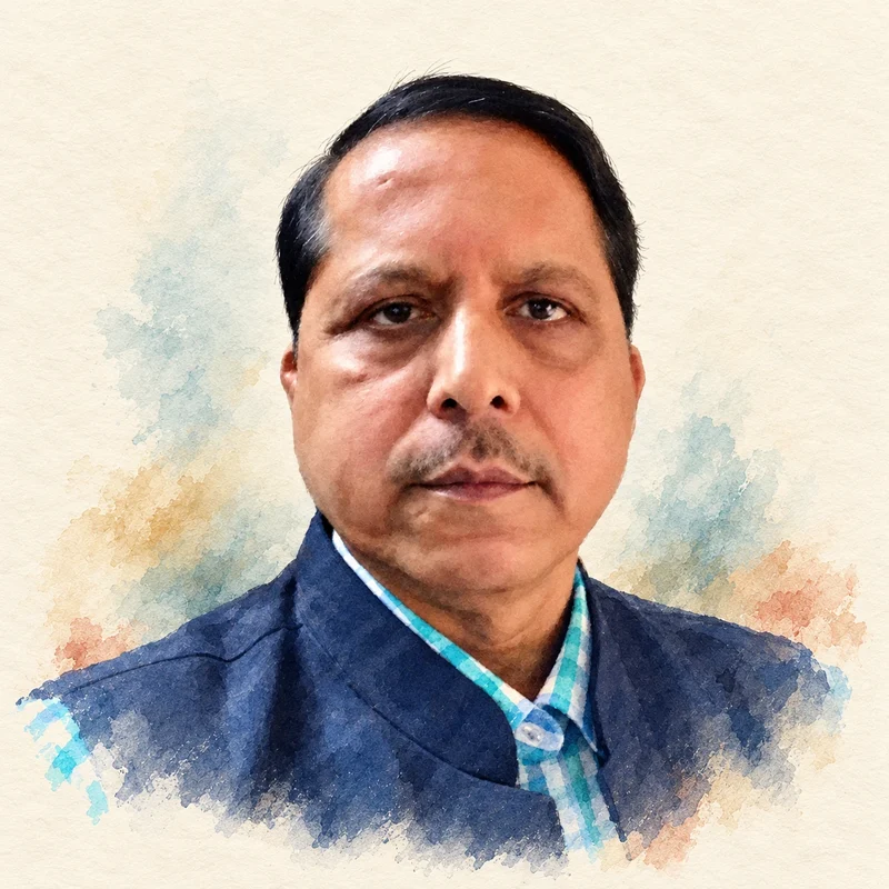 Watercolor portrait of Pradeep Biswal, wearing a navy jacket over a checked shirt