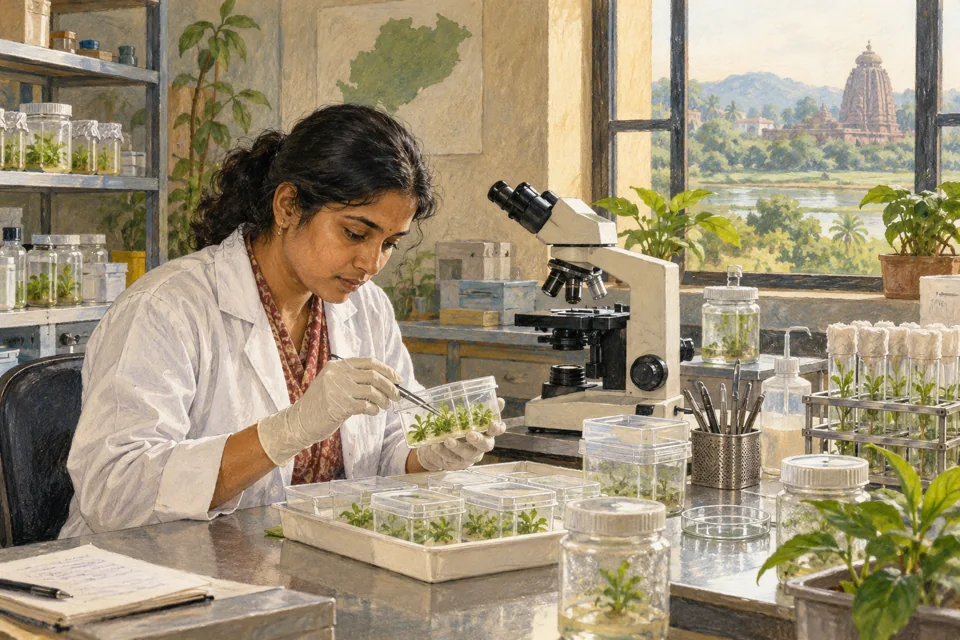 A scientist studying plant cultures in an Odisha laboratory