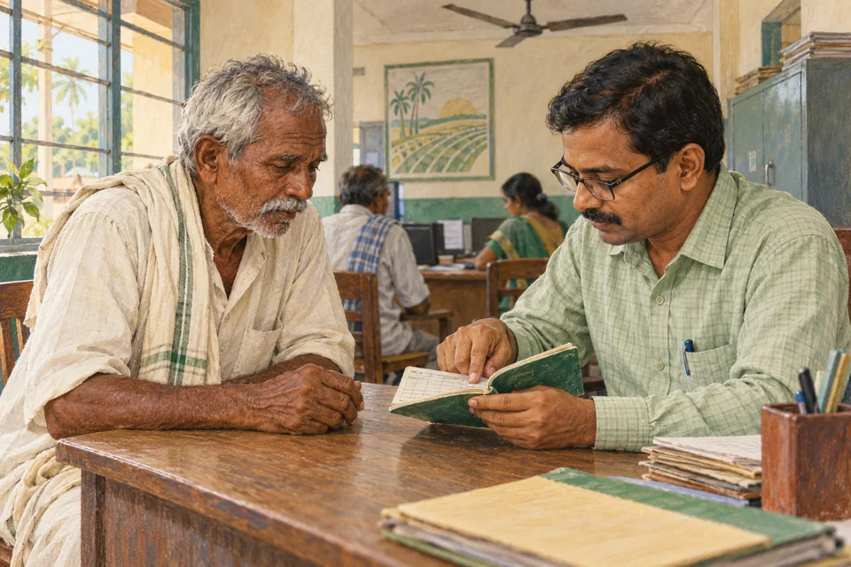 A farmer and bank clerk reviewing a passbook