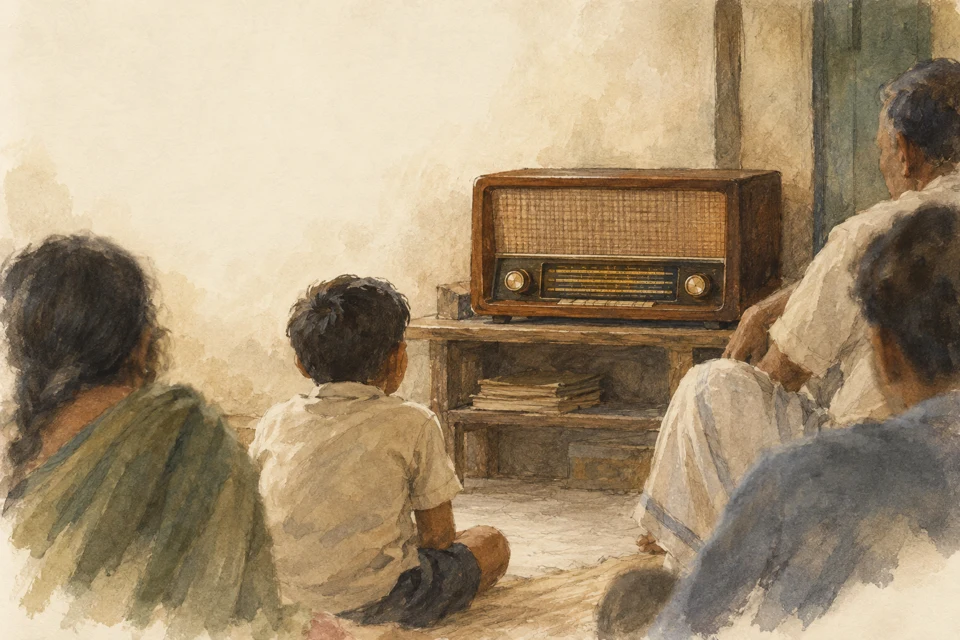 A family listening together to an old wooden radio