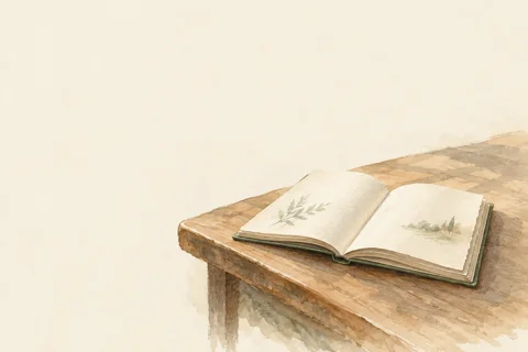 Imagined watercolor of an open book resting on a wooden table.